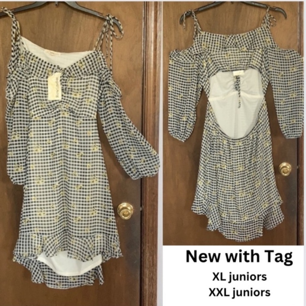 rewind dress check flower print cut out in back w ruffle XL jrs - Picture 12 of 17